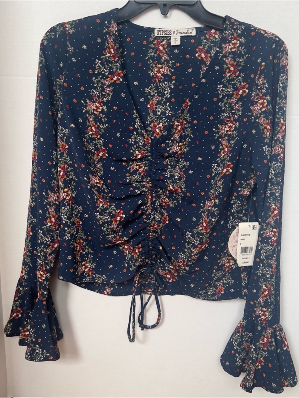 NWT Gypsies & Moondust Navy Floral Long-Sleeve Blouse with Ruffle Cuffs Small